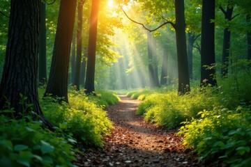 Fototapeta premium Bright sunshine illuminates a winding woodland track , sunshine, dappled light