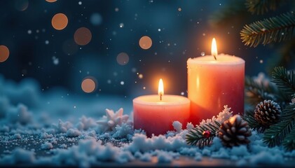 Candles and snowflakes create a whimsical winter wonderland, warm glow, candle light
