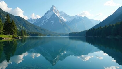 Fototapeta premium Calm lake reflected in majestic mountain landscape, peaceful, mountain, landscape