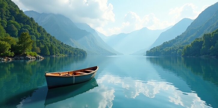 Bateau suspendu au-dessus d'un lac profond et calme, calm, scenery, boat