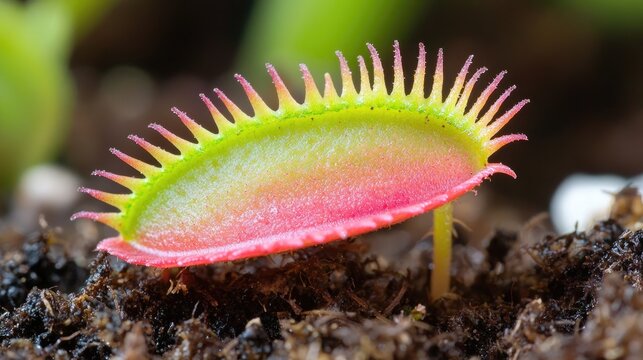 Young Venus flytrap plant in soil; close-up