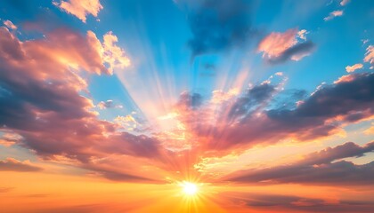 Obraz premium Vibrant Sunset Sky with Colorful Clouds and Rays