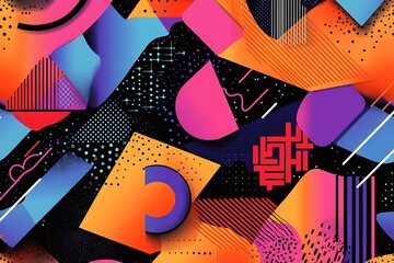 Vibrant abstract geometric pattern with bold colors and shapes on a black background.