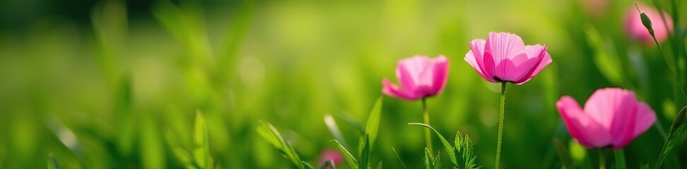 Delicate pink flowers amidst lush green grass, poppy, silene vulgaris, bloom