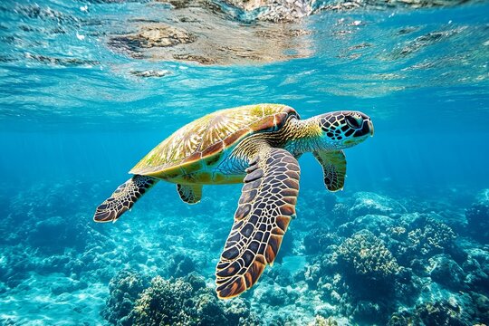 Fototapeta Majestic hawaiian green sea turtle gliding through the warm waters of the pacific ocean