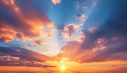 Fototapeta premium Vibrant Sunset Sky With Sun Rays Breaking Through Clouds