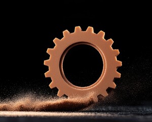 A creative representation of a gear with sand flowing, symbolizing industry and machinery in action.