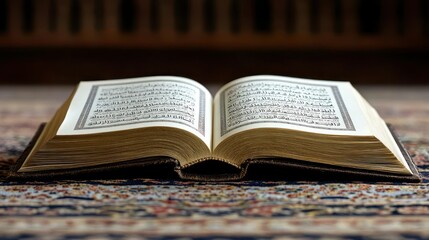 Obraz premium Open Quran on prayer rug, Islamic holy book, reading, mosque background