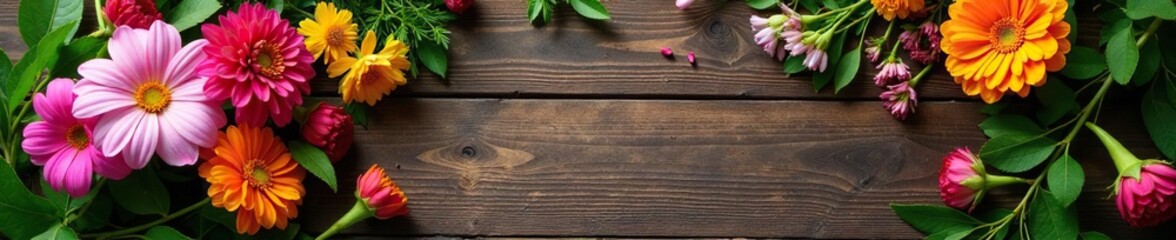 Fresh flowers on a rustic wooden table with greenery, wooden table, earthy, foliage