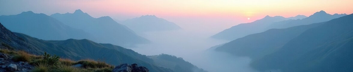 Foggy morning on the mountain with a sense of stillness, quiet, granite
