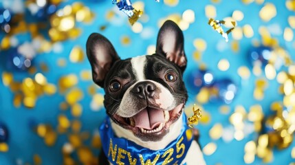 Excited Boston Terrier Dog in "2025" New Year’s Party Scarf Surrounded by Blue and Gold Confetti and Party Poppers: Enthusiastic and Lively Holiday Celebration.