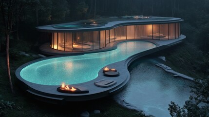 A sci-fi infinity pool with floating loungers, bioluminescent water, and futuristic fire pits along the edges