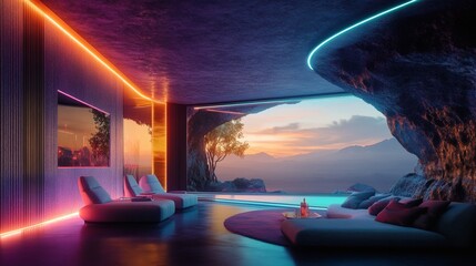A futuristic home theater with self-adjusting seats, floating drink holders, and immersive ambient LED walls