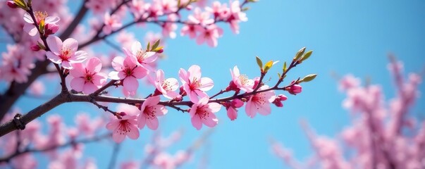 Obraz premium Soft pink plum branches unfurl against cerulean sky, trees, blue sky