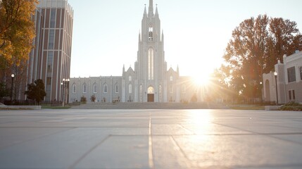 Fototapeta premium Sunset over campus, cathedral sunrise, autumn leaves