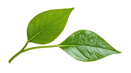Fresh Green Leaves with Glossy Texture on White Background
