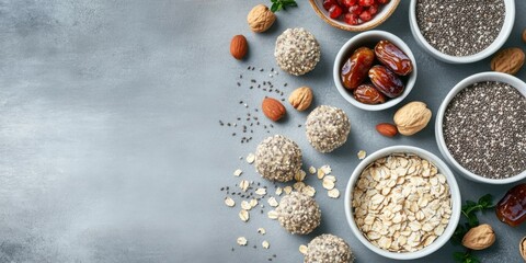 Healthy snack ingredients arranged aesthetically, suitable for health and wellness promotions, recipe blogs, and food-related content.