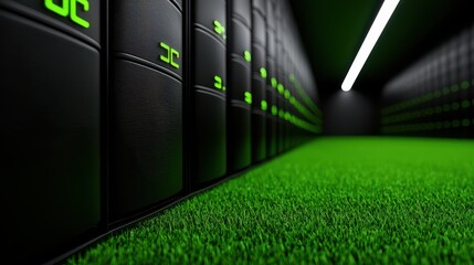 A futuristic data center with green carpet and sleek black servers illuminated by soft lighting.