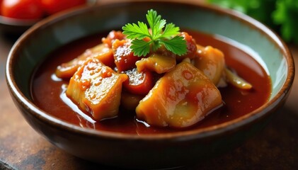 Braised pork jowl with a rich flavorful sauce served in a bowl, gelatinous, brown