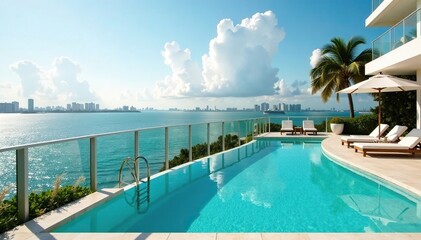 Fototapeta premium Luxury apartments with a rooftop pool overlooking the Miami Bay, Miami, luxury, pool