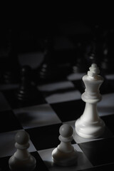 A close-up of a chessboard highlighting the white KING standing out among black pieces, symbolizing...