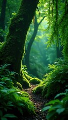 Mossy fern fronds hang like a veil in darkness, nature, dark, greenery