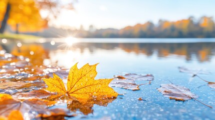 Autumn leaf on calm lake, sunlit trees background, peaceful nature scene, ideal for calendar