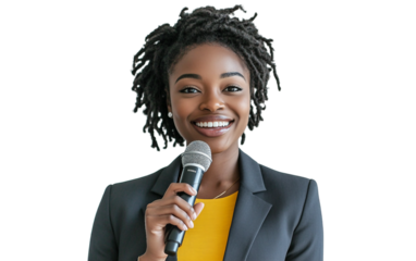 Strong woman with a microphone symbolizing confidence, leadership, and the power of voice.
Female speaker holding a microphone with passion, representing influence, empowerment, and success.