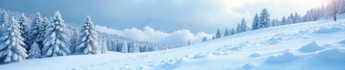 Fototapeta premium Snowy hillside covered in soft white snow with falling flakes, wintery, natural, serene landscape