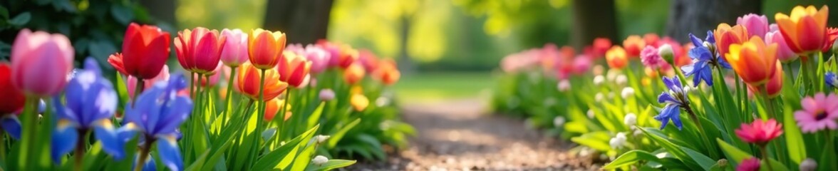 Spring garden scene with blooming flowers and a path, tulips, hyacinth, irises