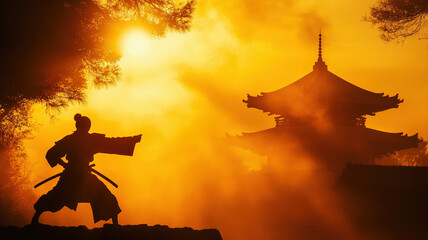 Fototapeta premium Martial Arts Warrior Ninja Performing Kung Fu Move Near Ancient Temple At Sunset
