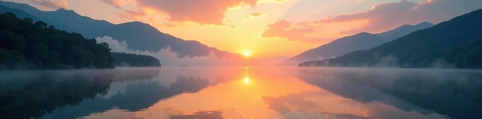 morning sun rising above misty mountains reflected in lake waters, sky, dawn