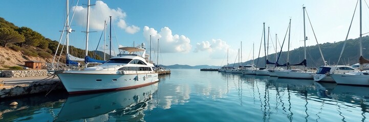 Fototapeta premium Marina boat with anchored vessel at the side of the marina, marina, vessel