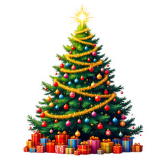 Vibrant christmas tree star with ornaments and gifts box on isolated transparent background