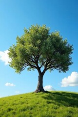 Obraz premium Olive tree against blue sky with few white clouds, branches, foliage, peaceful