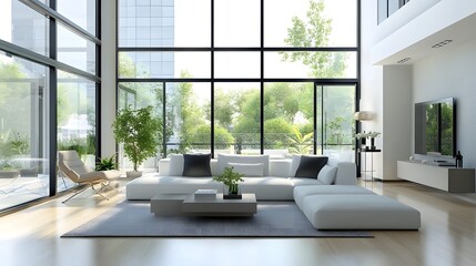 Fototapeta premium Modern Living Room with Floor to Ceiling Windows and White Sofa