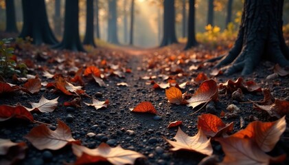 Obraz premium Forest floor covered in leaves and twigs as a wildfire rages on, charred remains, burn marks, fire damage
