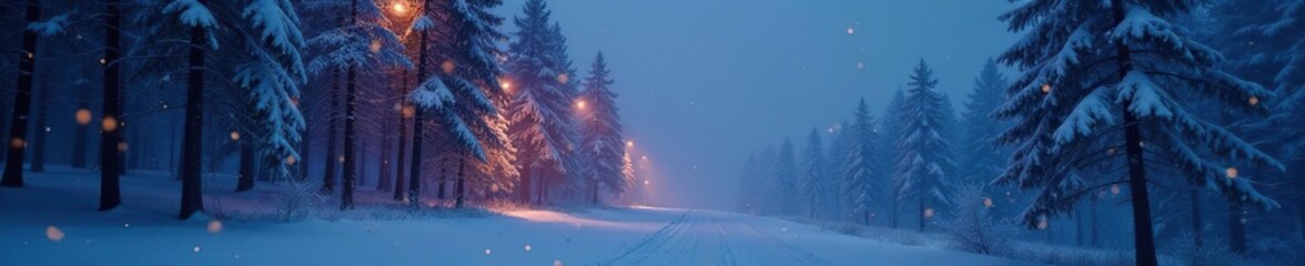 Naklejka premium Snowy forest landscape with twinkling lights and foggy atmosphere, glow, forest, darkness