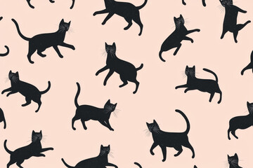 Bold pattern of playful black cat silhouettes on a soft pink background for a whimsical touch
