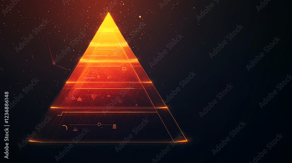 Poster Digital pyramid with glowing orange and red layers, abstract futuristic design with geometric symbols and patterns, symbolizing structure, energy, and modern technology.
