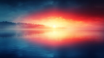 Fototapeta premium Vibrant sunrise over misty lake reflecting colorful sky.