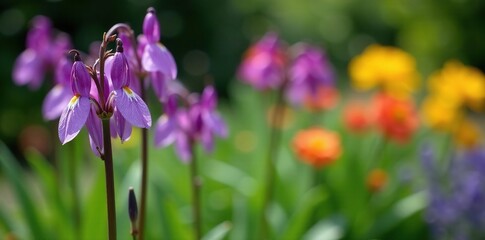 Fritillaria persica flowers in a garden border with other perennials, colorful gardens, purple, persica