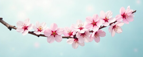 Fototapeta premium Pastel colored blossoms unfold from a lone tree branch against a pristine backdrop, floral motifs, nature photography, gentle hues