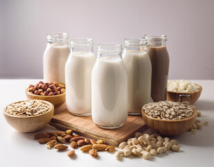 Five glass bottles of various plant-based milks on a wooden board, surrounded by bowls of almonds, hazelnuts, oats, and cashews, highlighting vegan and dairy-free milk alternatives.