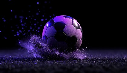 Fototapeta premium A vibrant soccer ball in motion, surrounded by purple dust, capturing the essence of dynamic gameplay.