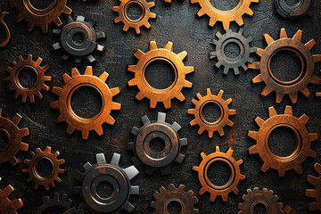 Bold metallic gears and cogs forming an intricate pattern on a dark textured background showcasing industrial design elements