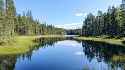 Obraz premium Spring swamp showcases stunning forest reflections and vibrant vegetation under a clear sky