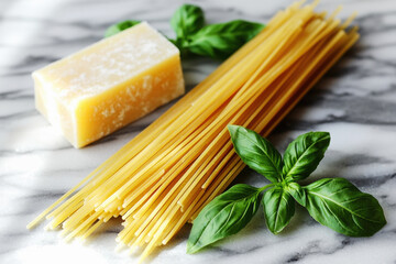 Classic Italian pasta setup with spaghetti, parmesan, and fresh basil on a marble countertop inviting culinary creativity
