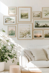 Stylish modern living room interior with many picture frames hanging on the wall above a sofa. Cozy living room arrangement with big window, soft blankets and pillows and house plants.