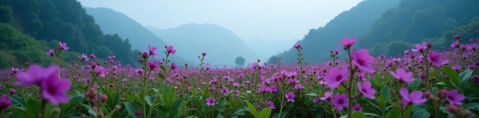 Fototapeta premium Rare sighting of karvi flowers in the misty morning atmosphere, purple bloom, western ghats, rare sight